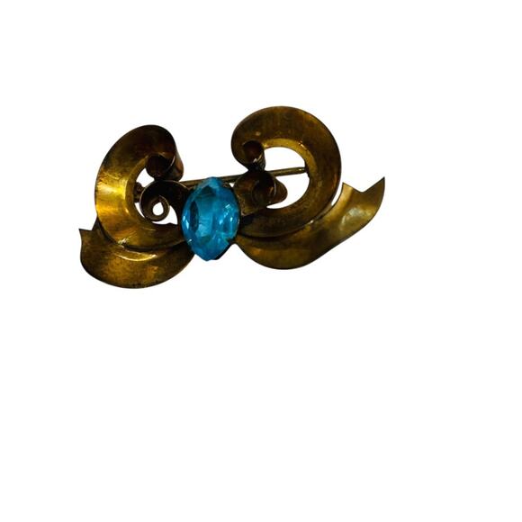 Vintage White Co Signed Gold Filled Brooch 1.75 Inch Bow Swirl Aqua - Picture 2 of 7